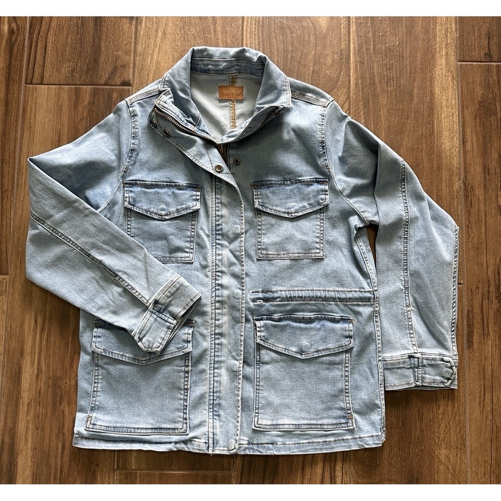 Judy‎ Blue Womens Light Wash Denim Utility Jacket Full Zip Field Coat Blue L